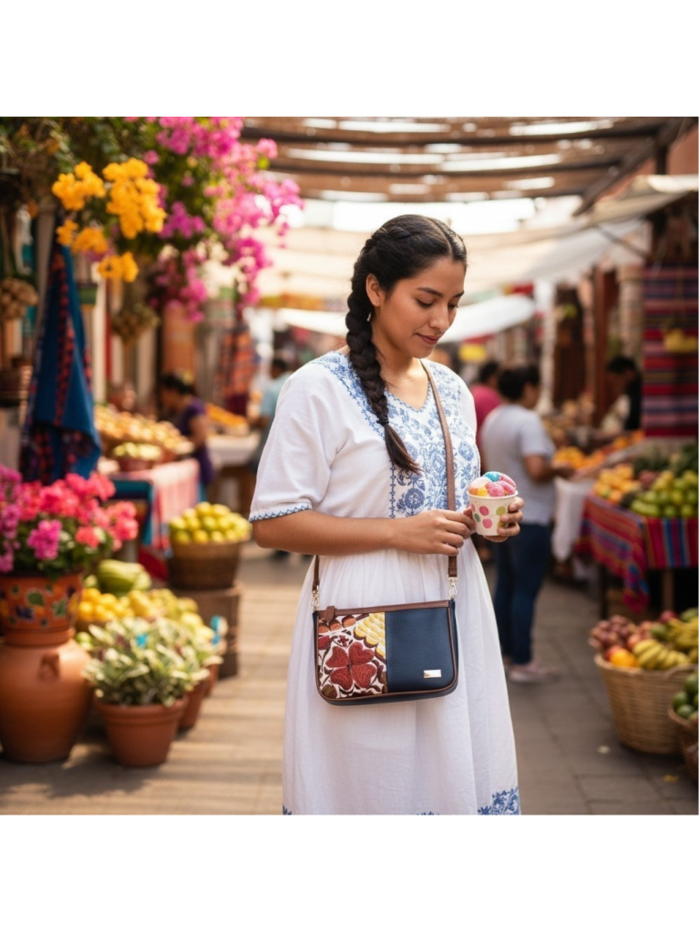 Navy Blue Yellow Mexican Floral Embroided Artisan LEATHER Bag Purse Crossbody